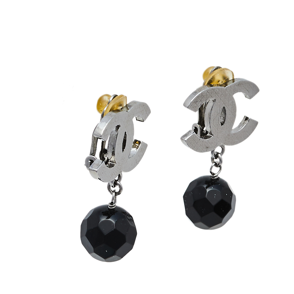 

Chanel Ruthenium CC Black Bead Drop Clip On Earrings