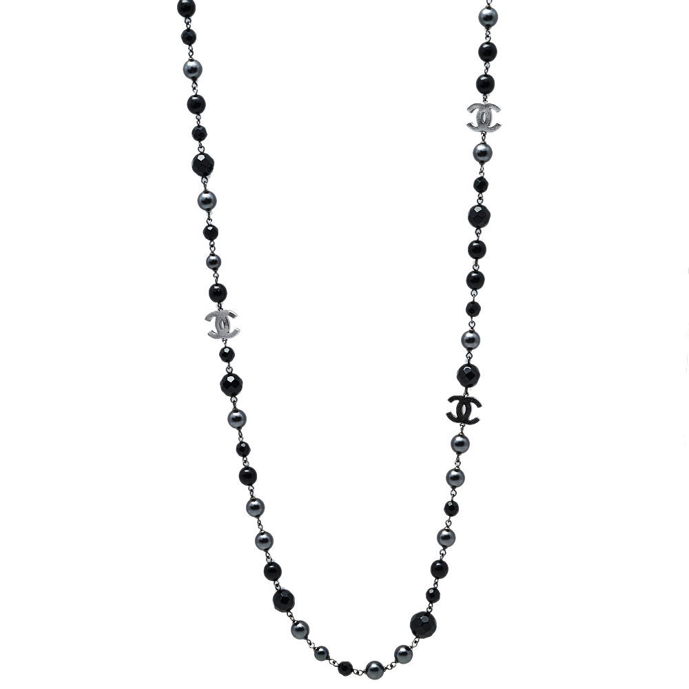 

Chanel Ruthenium Tone Black Beaded CC Long Necklace