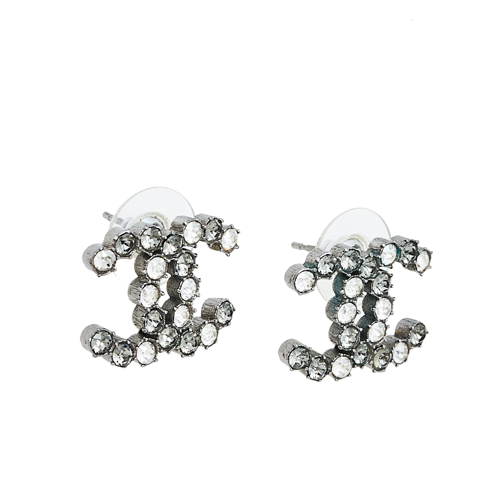 

Chanel Silver Tone Crystal CC Stud Earrings