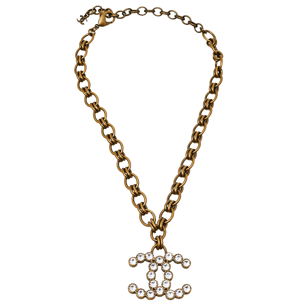 

Chanel Antique Gold Tone Crystal CC Pendant Necklace