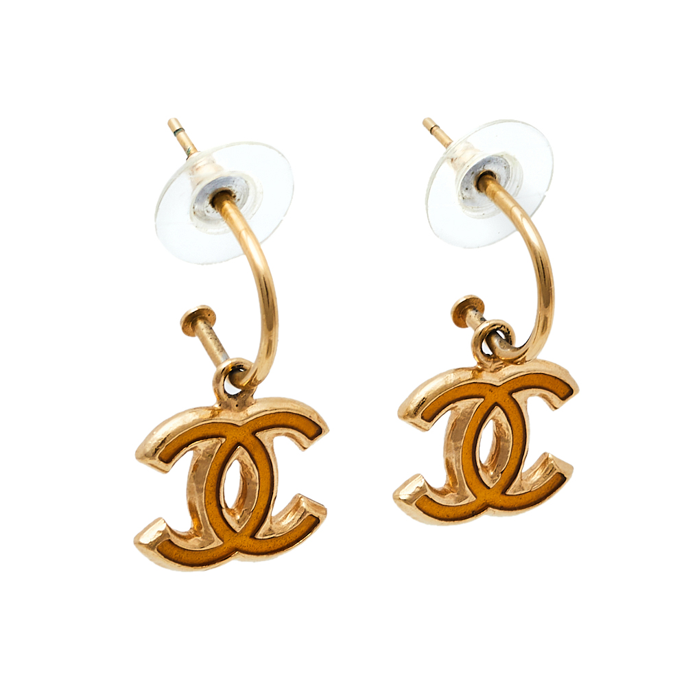 

Chanel Gold Tone Enamel CC Drop Hook Earrings