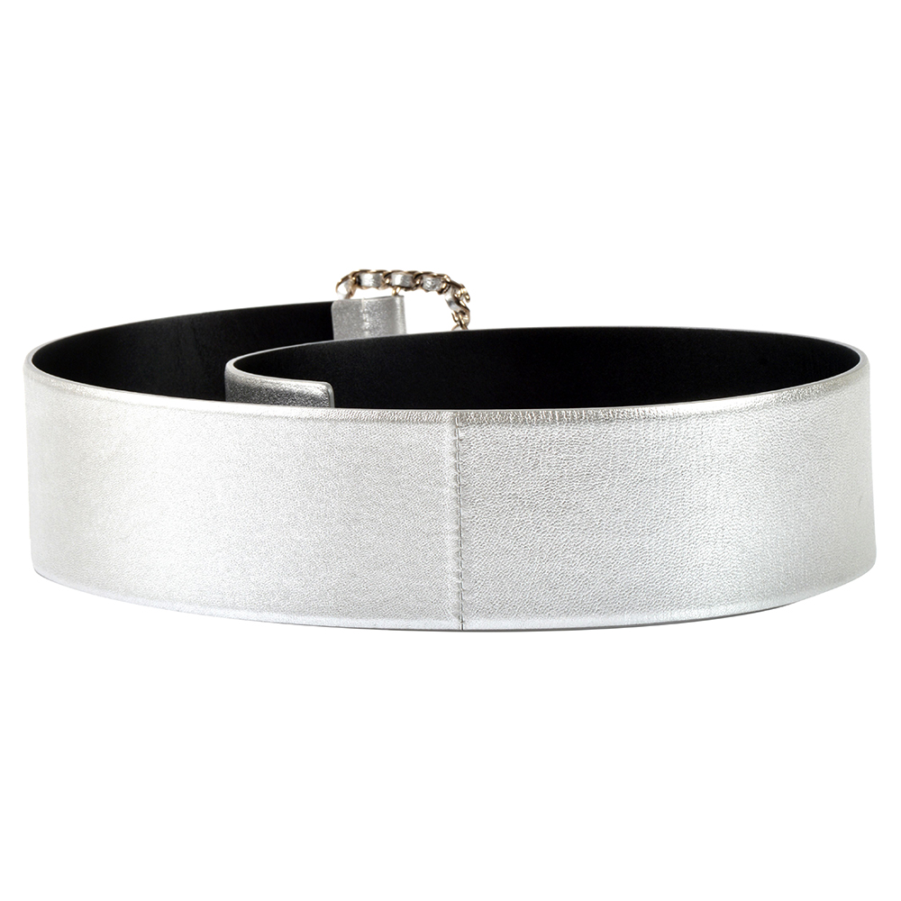 

Chanel Metallic Silver Thick W/Chain Buckle Belt