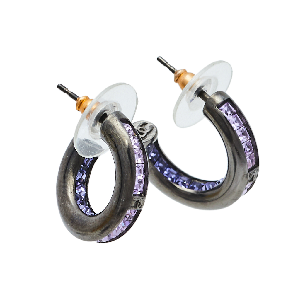 

Chanel Black Tone Metal Purple Crystal Baguette CC Hoop Earrings