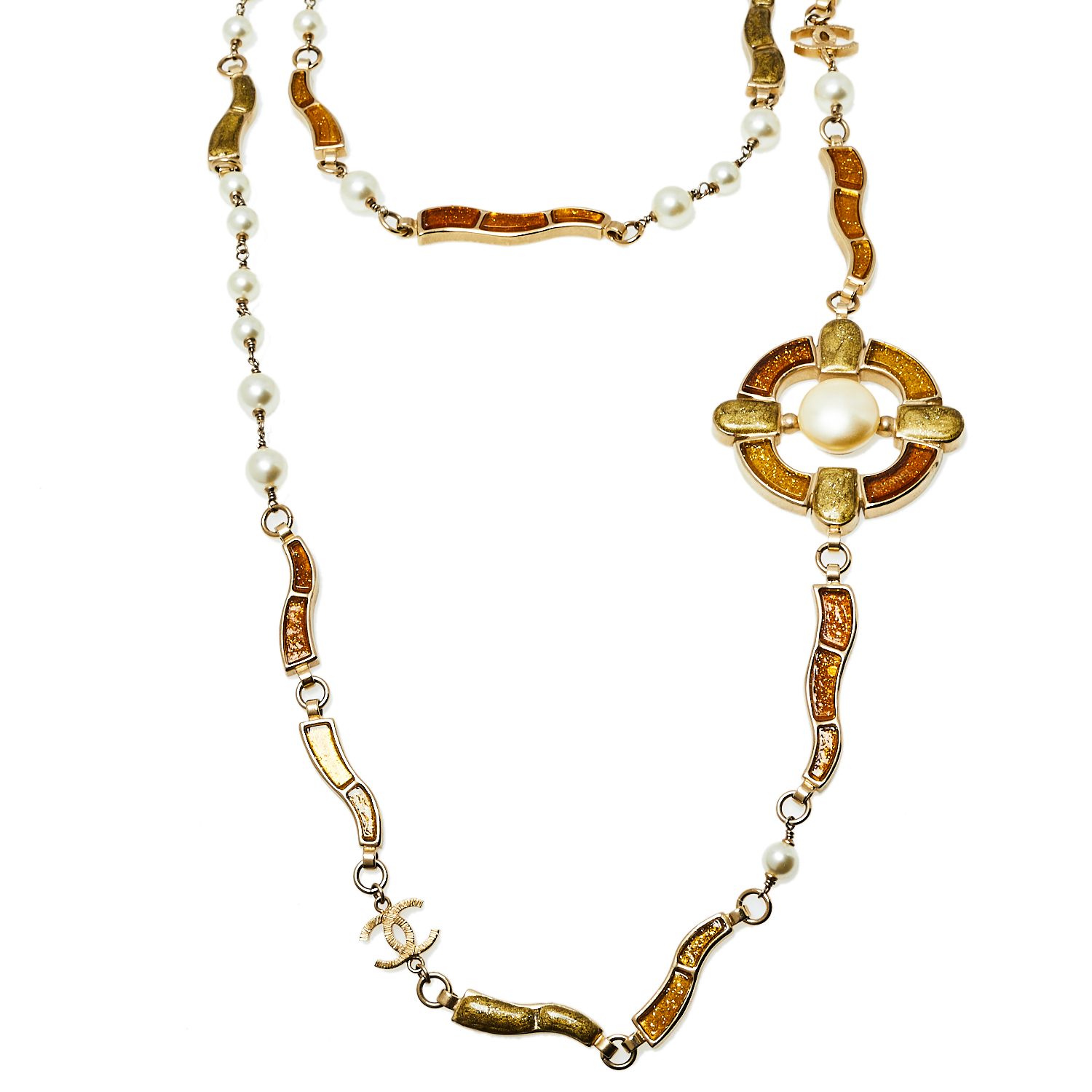 

Chanel Metallic Gripoix Faux Pearl CC Charm Necklace, Gold