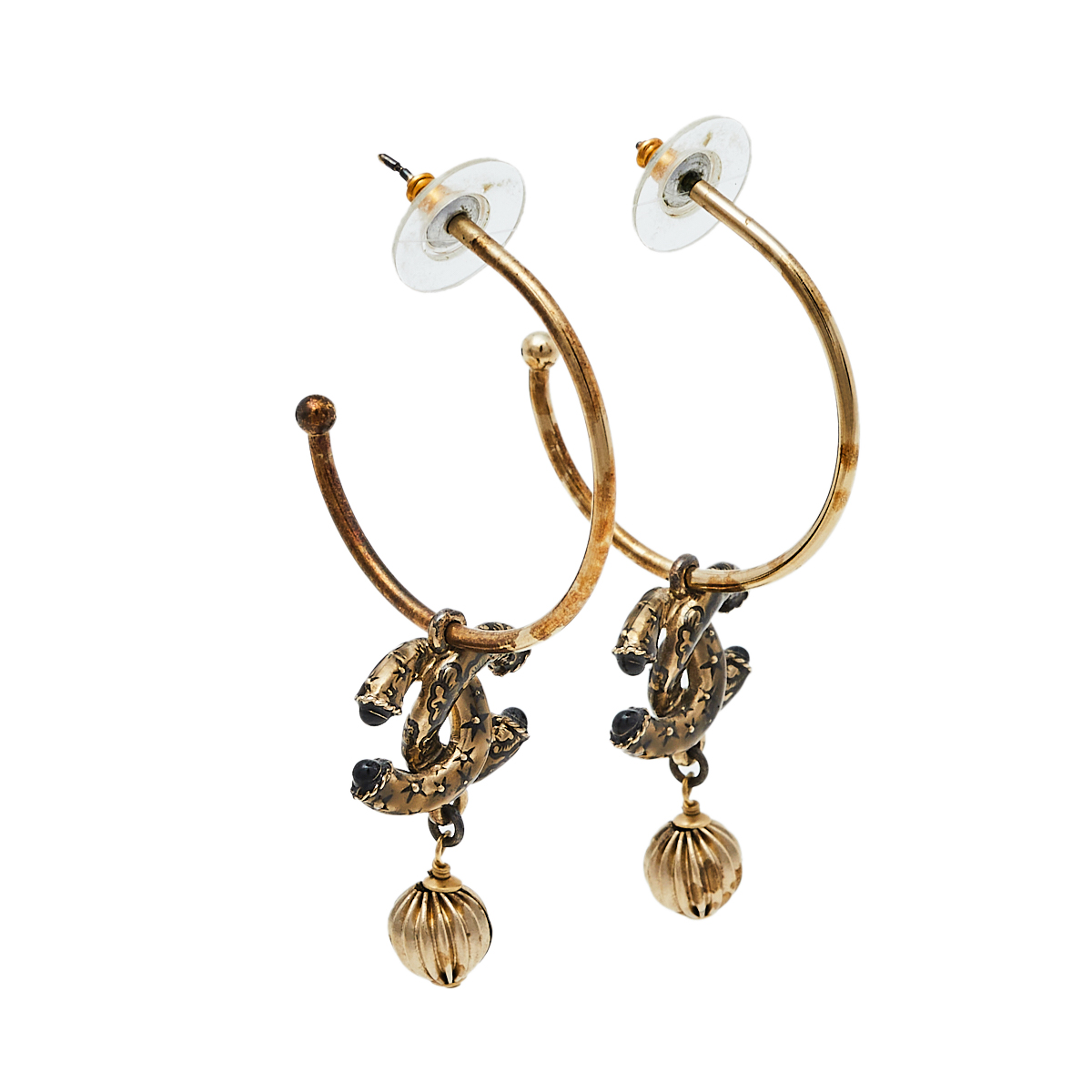 

Chanel Aged Gold Tone CC Charm Drop Hoop Earrings