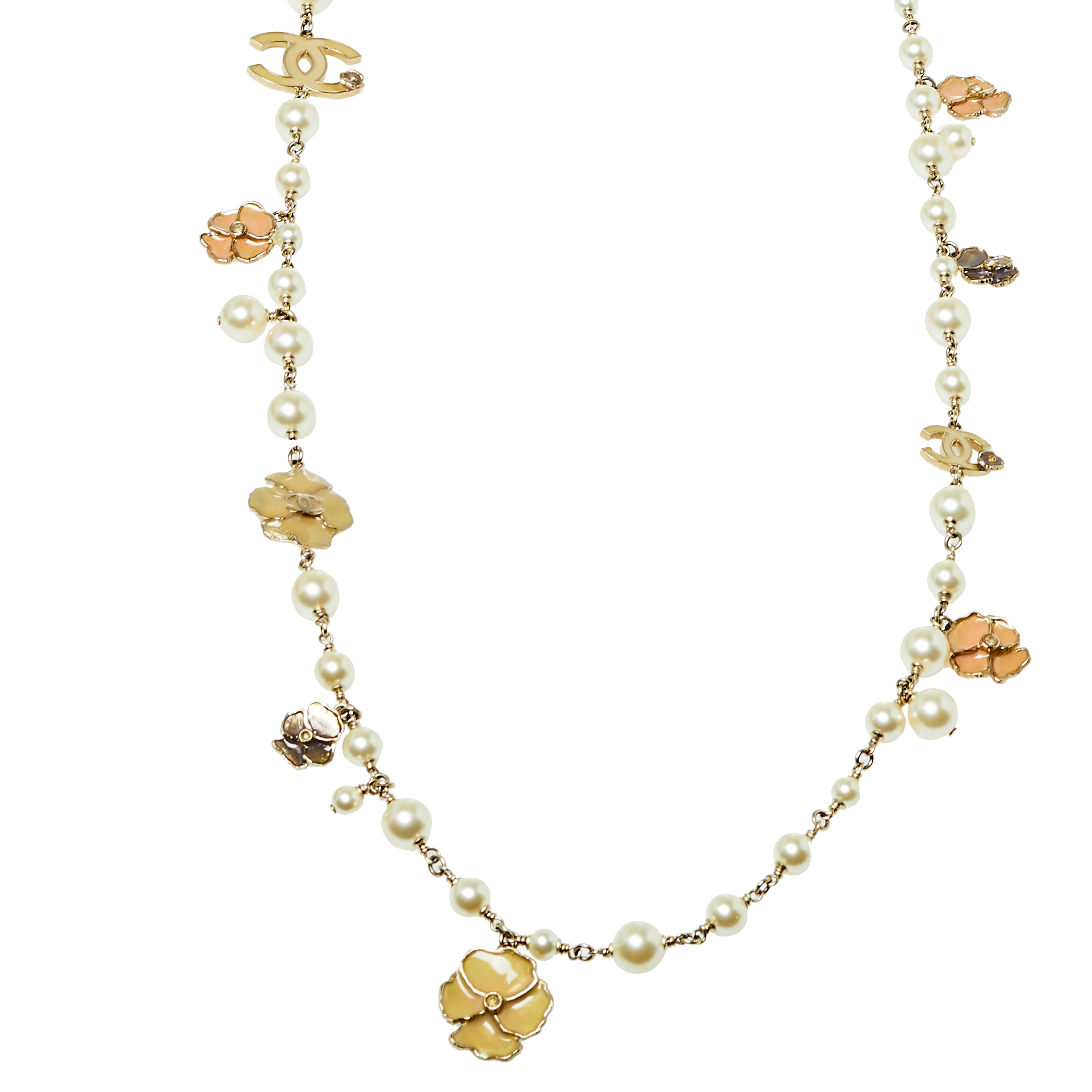 

Chanel Gold Tone Faux Pearl Enamel Camellia CC Charm Necklace