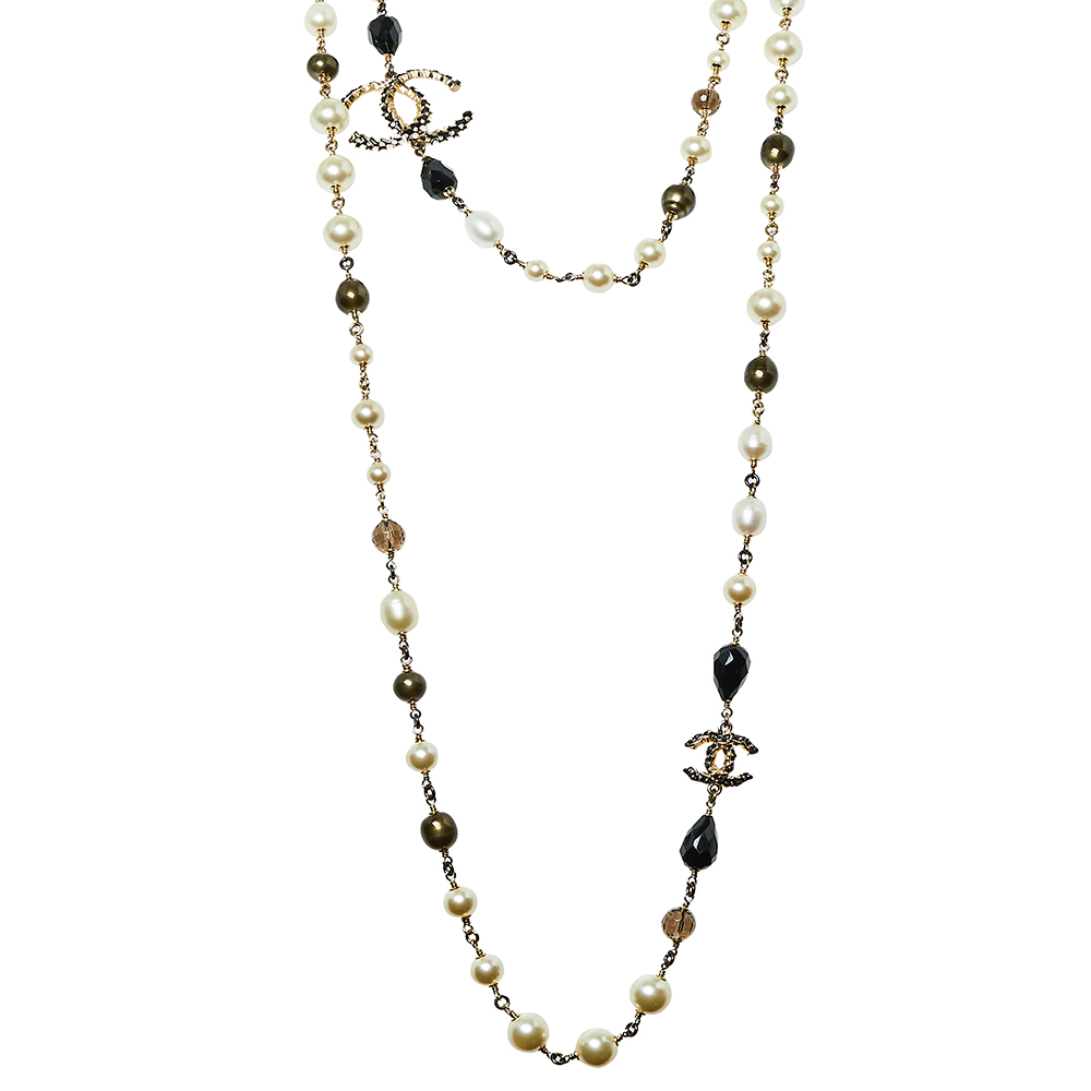 

Chanel Gold Tone Black Enamel Crystal CC Charm Necklace