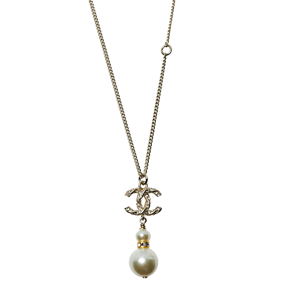 Chanel Gold Tone Crystal Pearl Twisted CC Drop Pendant Necklace