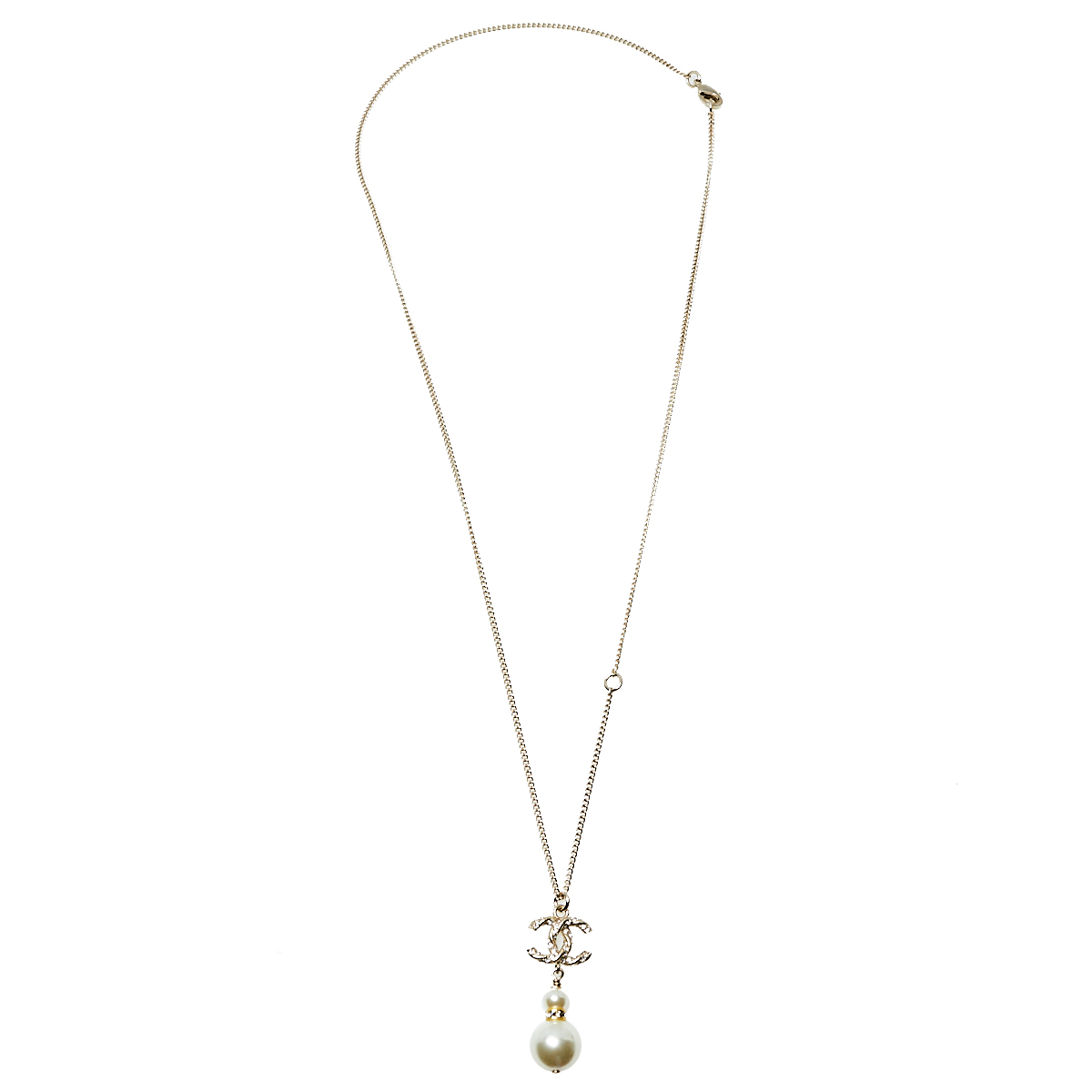 

Chanel Gold Tone Crystal Pearl Twisted CC Drop Pendant Necklace