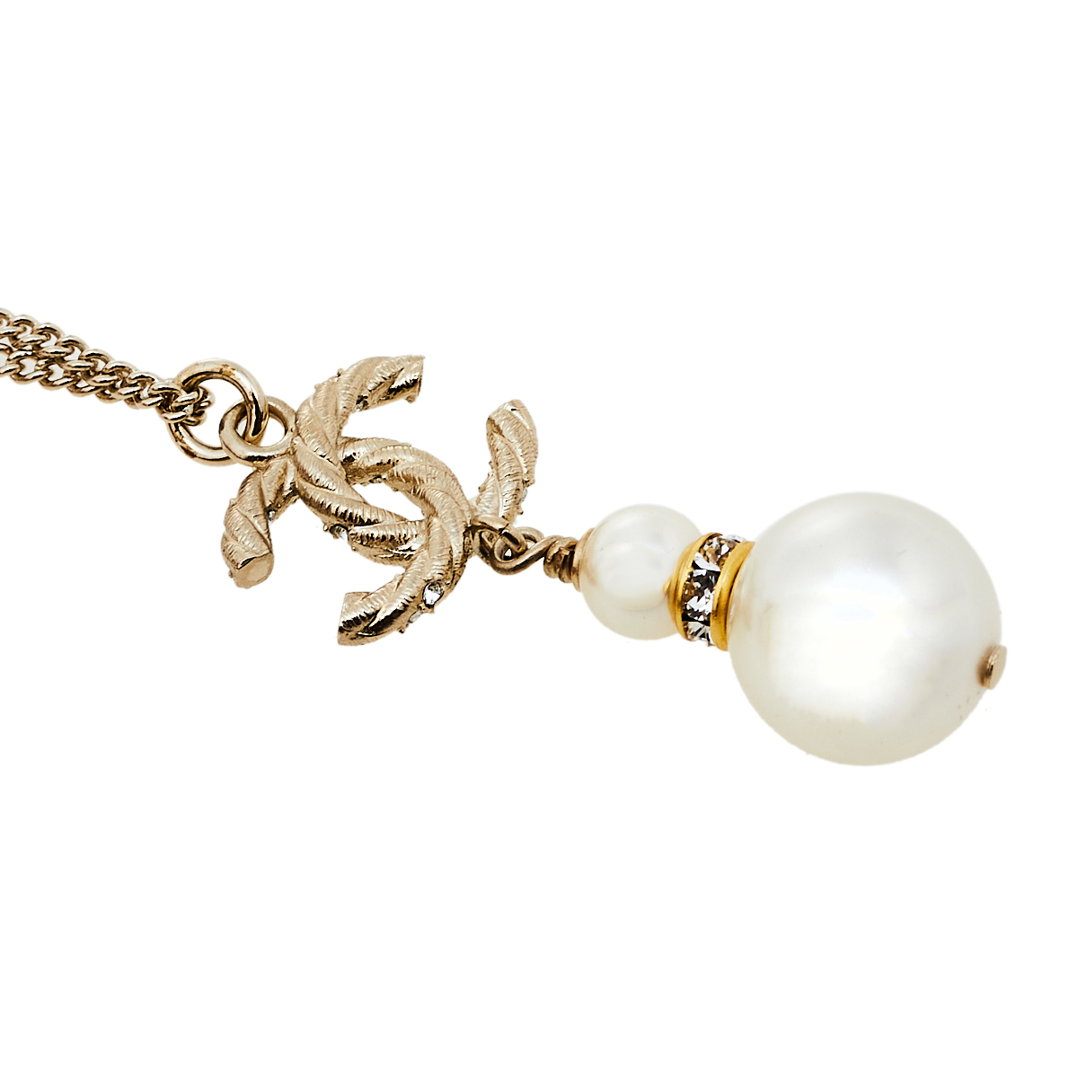 Chanel Gold Tone Crystal Pearl Twisted CC Drop Pendant Necklace Chanel