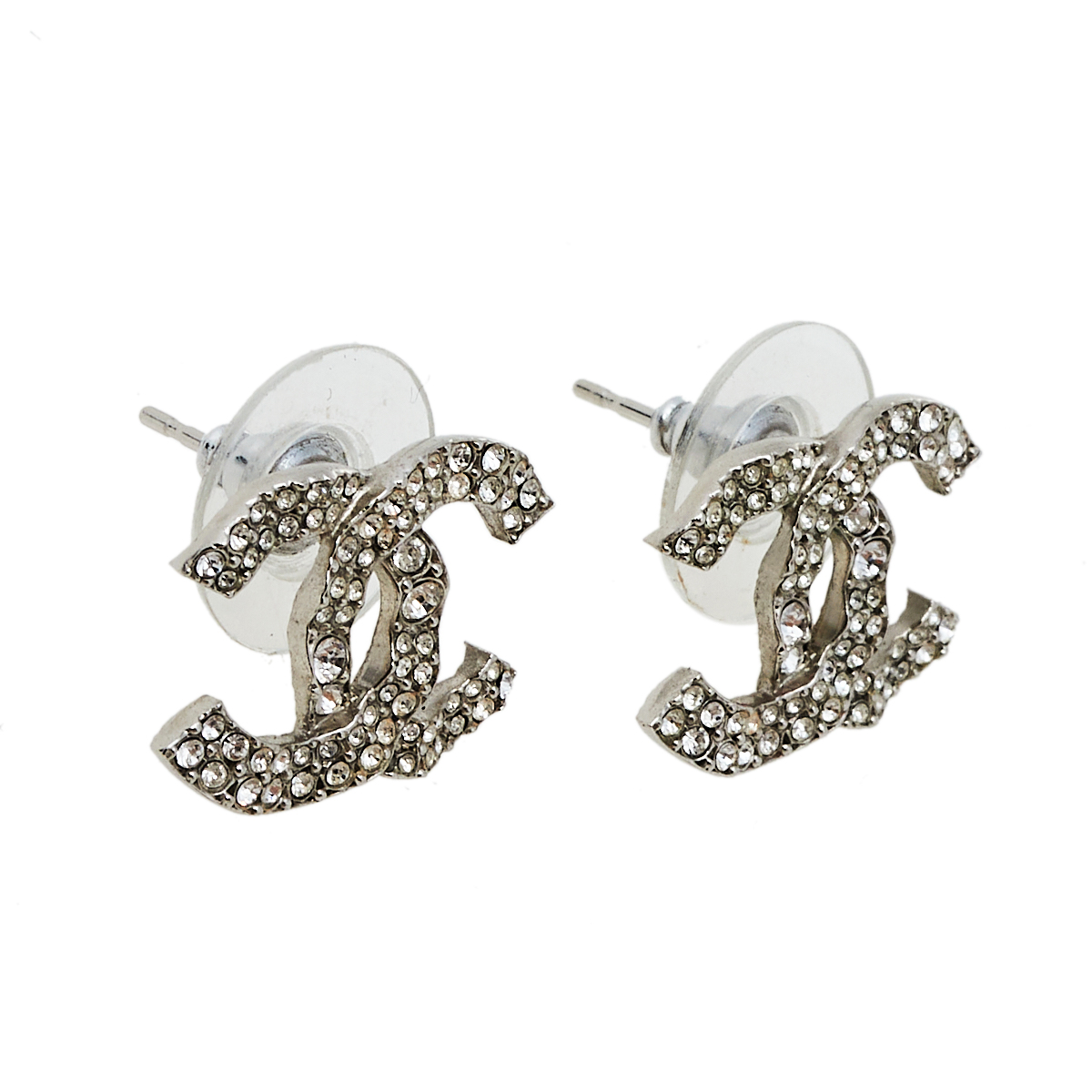 

Chanel Silver Tone Crystal Embedded CC Stud Earrings