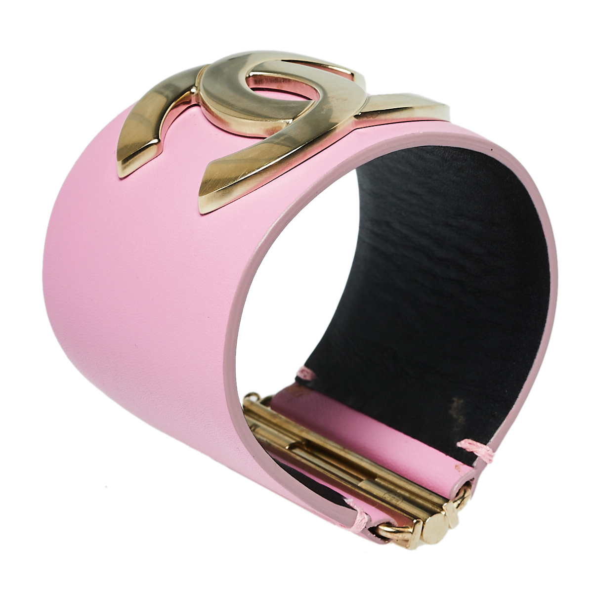 

Chanel Pink Leather CC Gold Tone Wide Cuff Bracelet