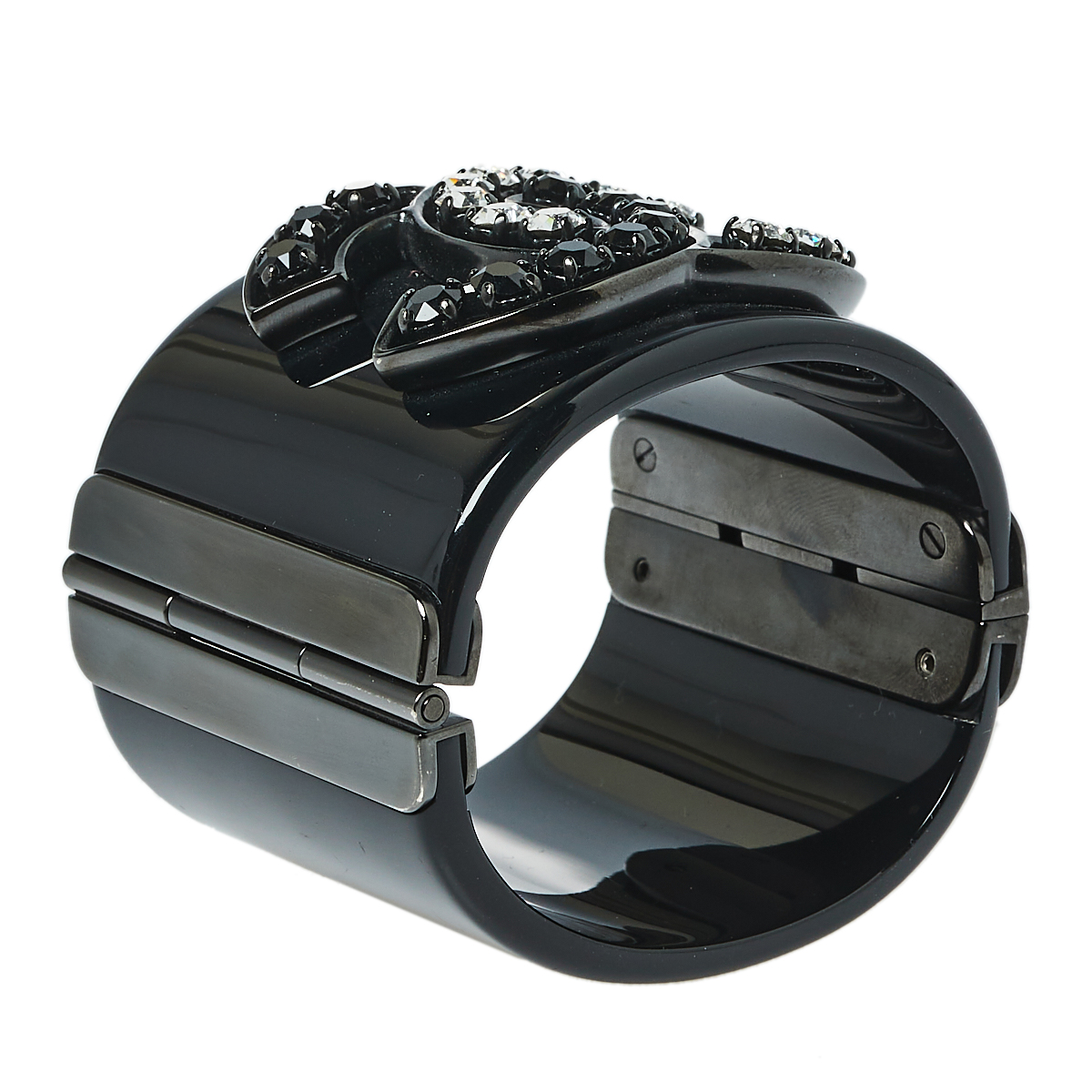 

Chanel CC Black Resin Crystal Studded Silver Tone Wide Cuff Bracelet