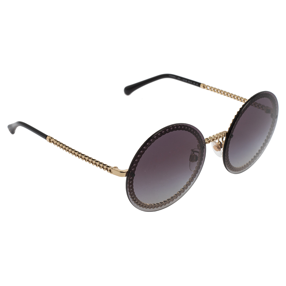 Pre-owned Gold/grey 4245 Pearl Chain Round Sunglasses