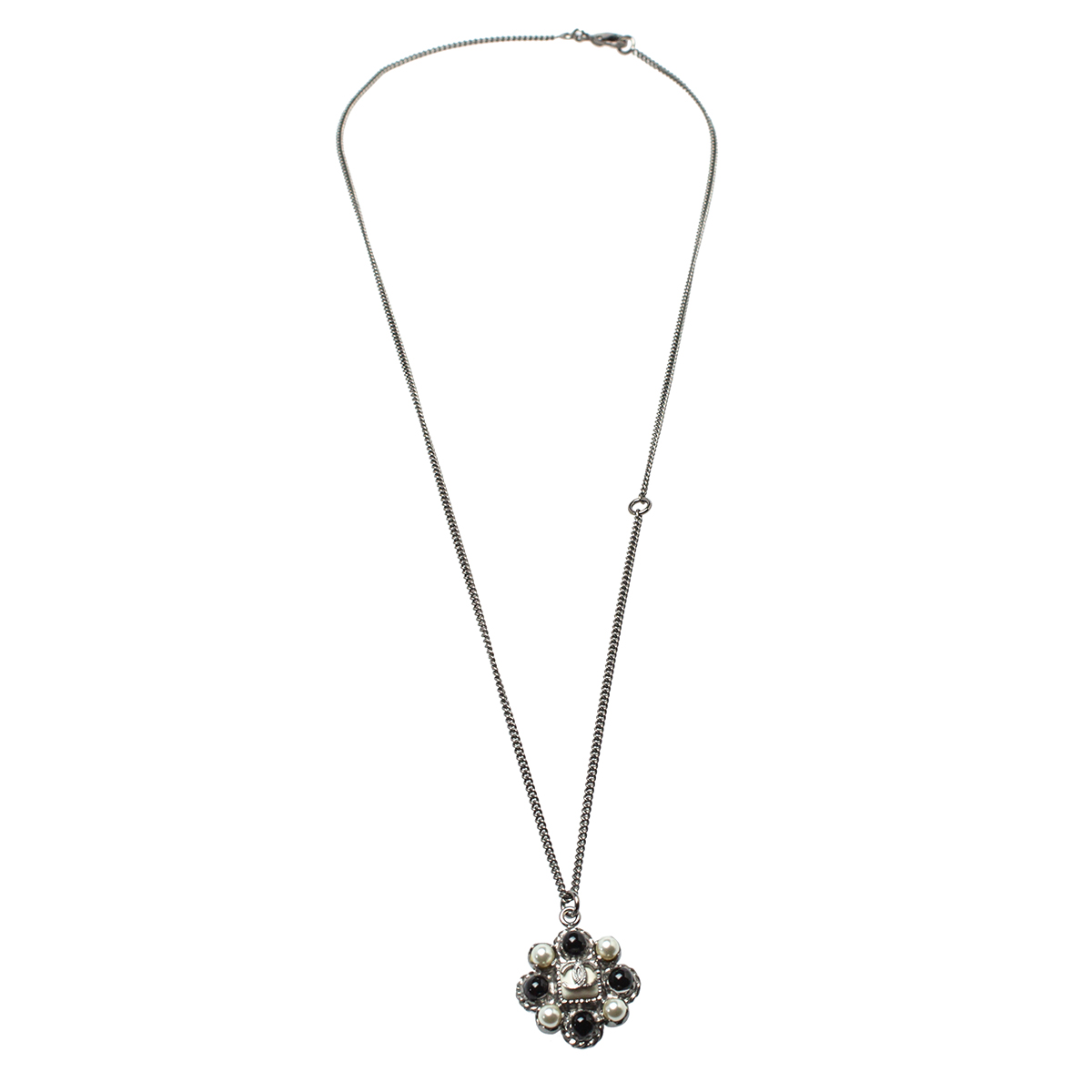 

Chanel Dark Silver Tone Faux Pearl CC Pendant Necklace, Black