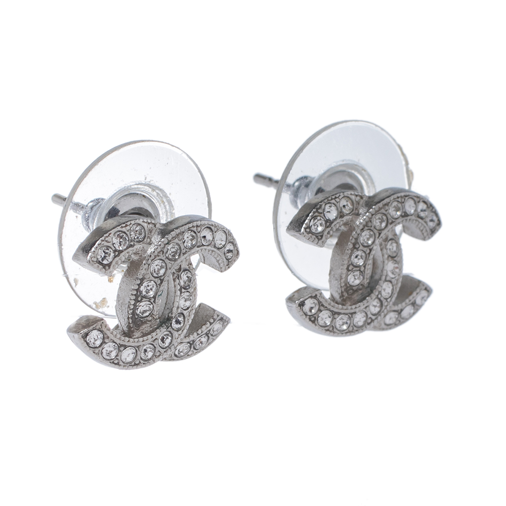 

Chanel Silver Tone Crystal CC Stud Earrings