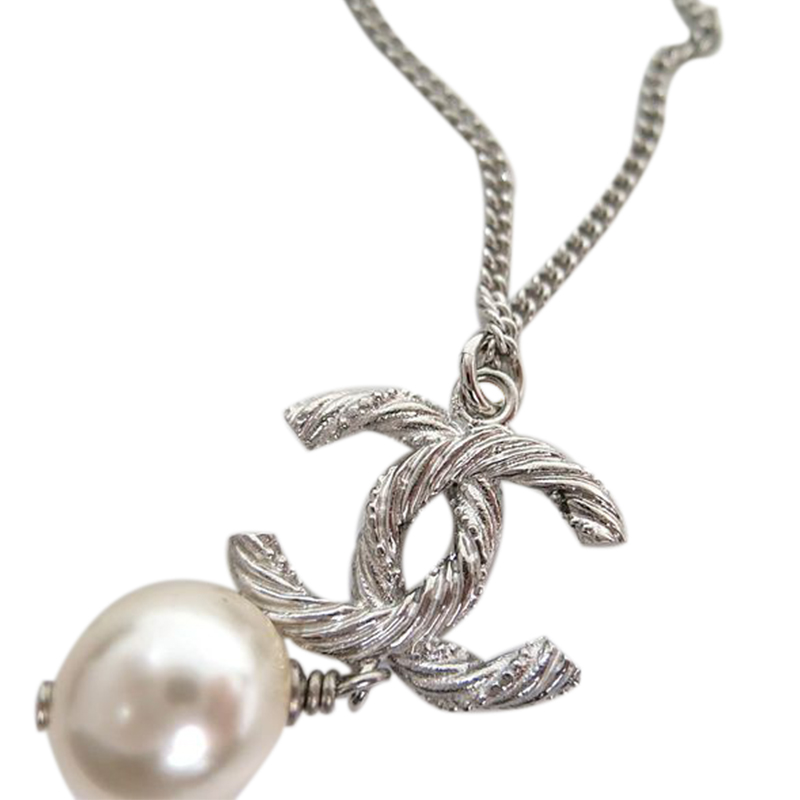 Chanel CC Faux Pearl Silver Tone Pendant Necklace