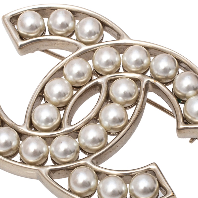 Chanel CC Faux Pearl Gold Tone Pin Brooch