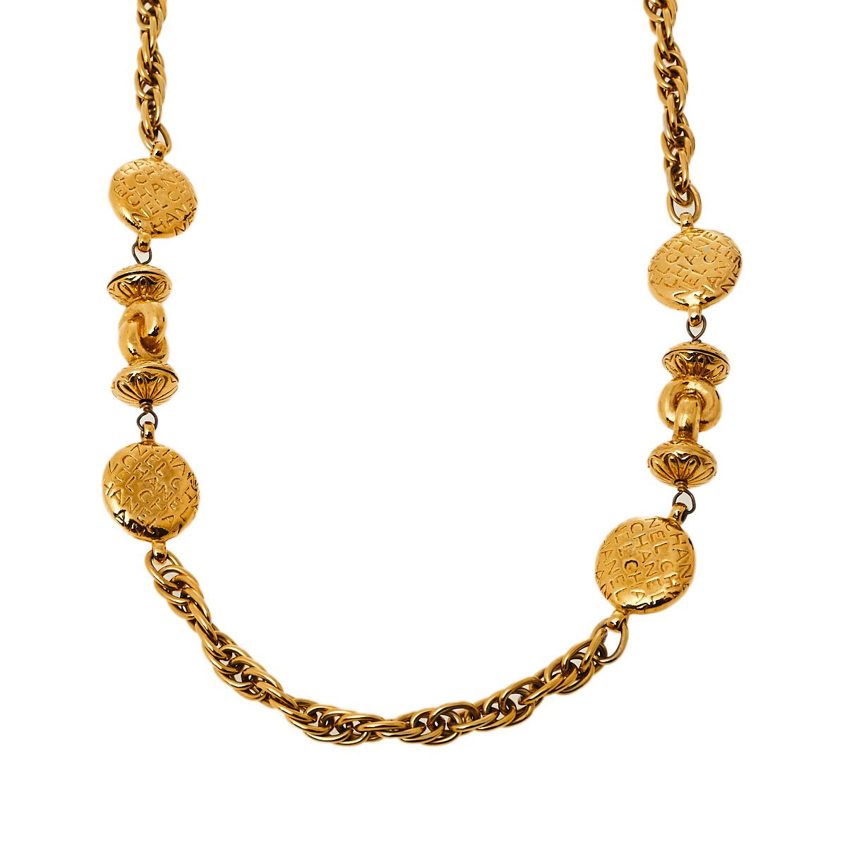 

Chanel Logo Medallion Gold Tone Long Necklace