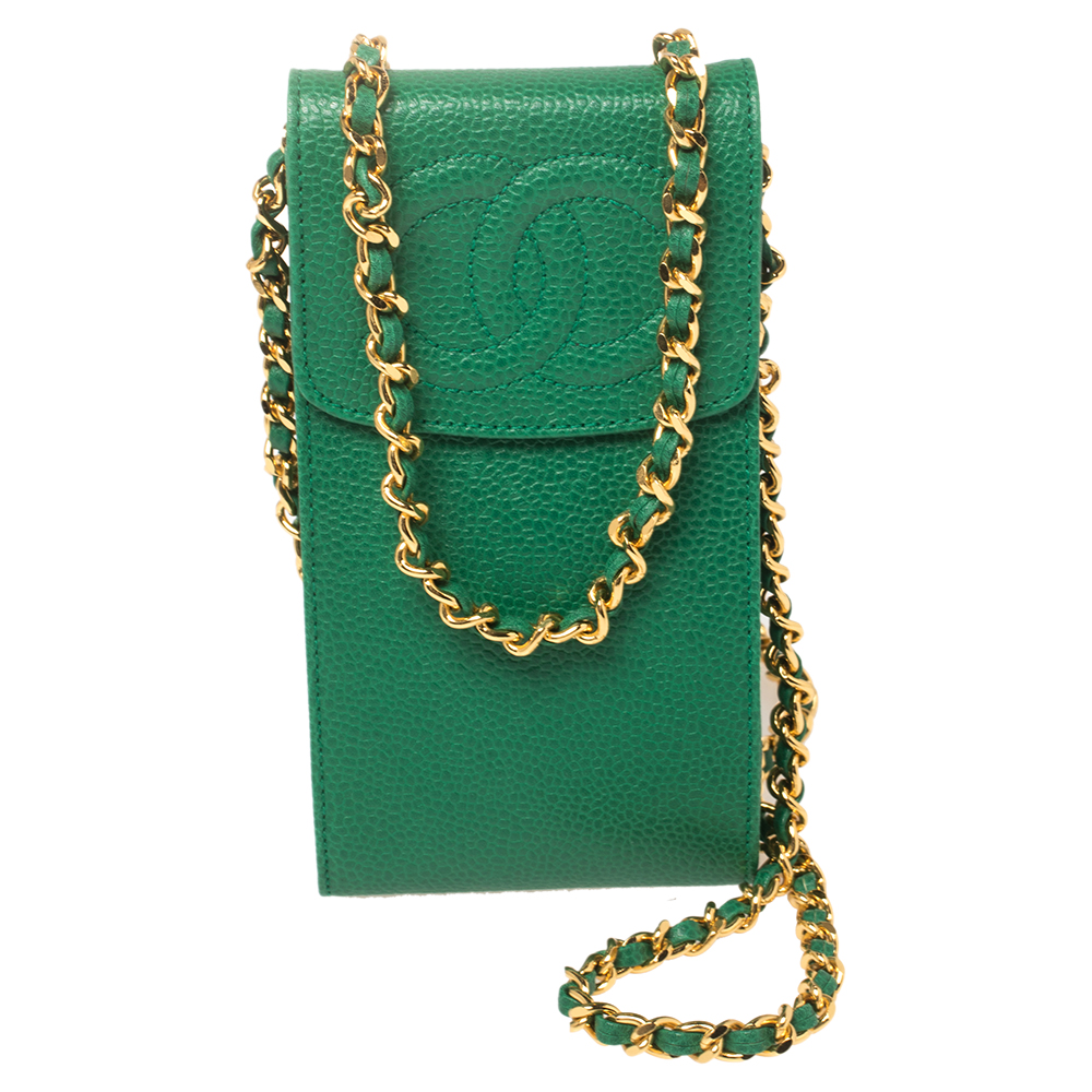 Pre Owned Chanel Green Caviar Leather CC Crossbody Phone Case