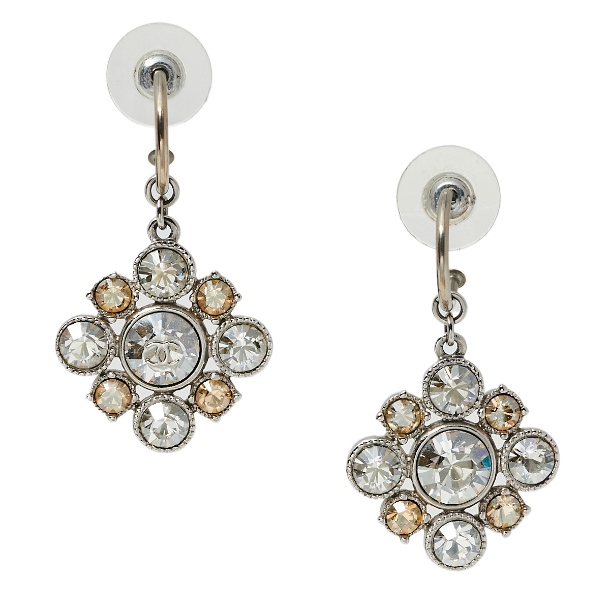 

Chanel Silver Tone Crystal Floral Drop Earrings