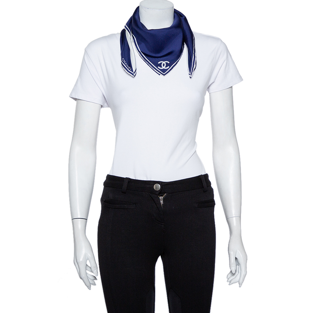 

Chanel Navy Blue & White Logo Silk Square Scarf