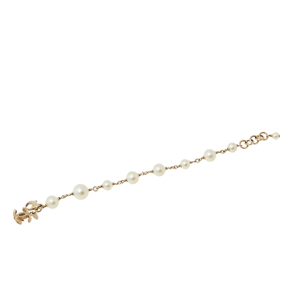

Chanel Pale Gold Tone Faux Pearl CC Charm Bracelet