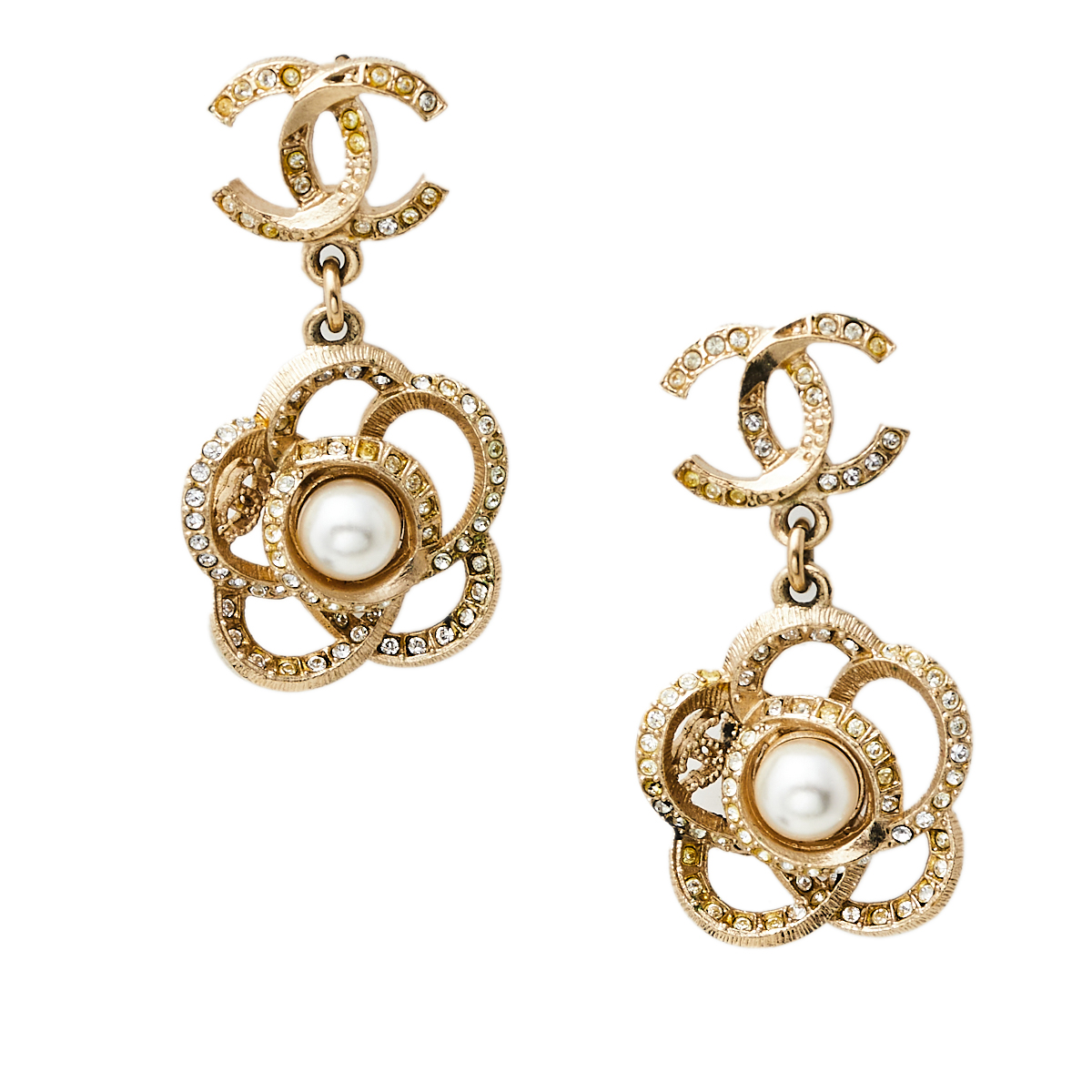 

Chanel Pale Gold Tone Crystal Camellia Drop Earrings