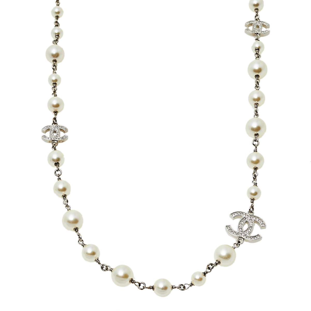 

Chanel CC Faux Pearl Crystal Silver Tone Long Station Necklace