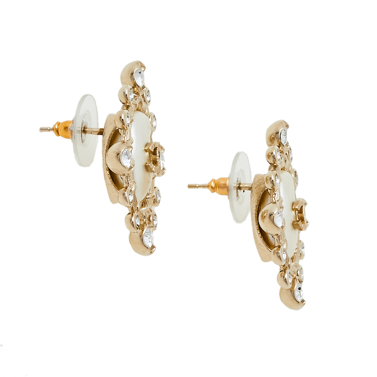 

Chanel CC Faux Pearl Crystal Gold Tone Stud Earrings
