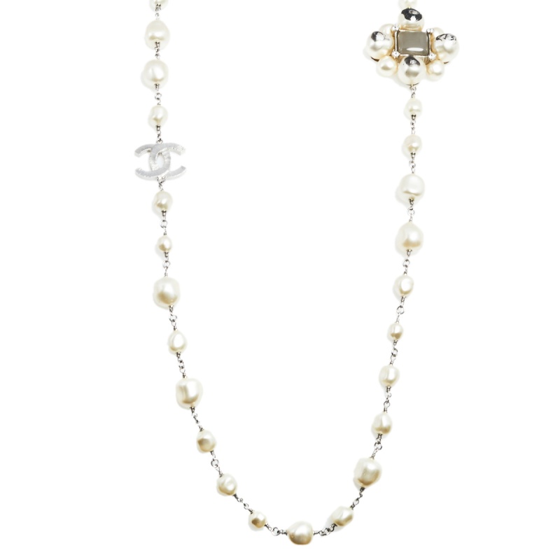 

Chanel CC Faux Pearl Silver Tone Station Long Necklace