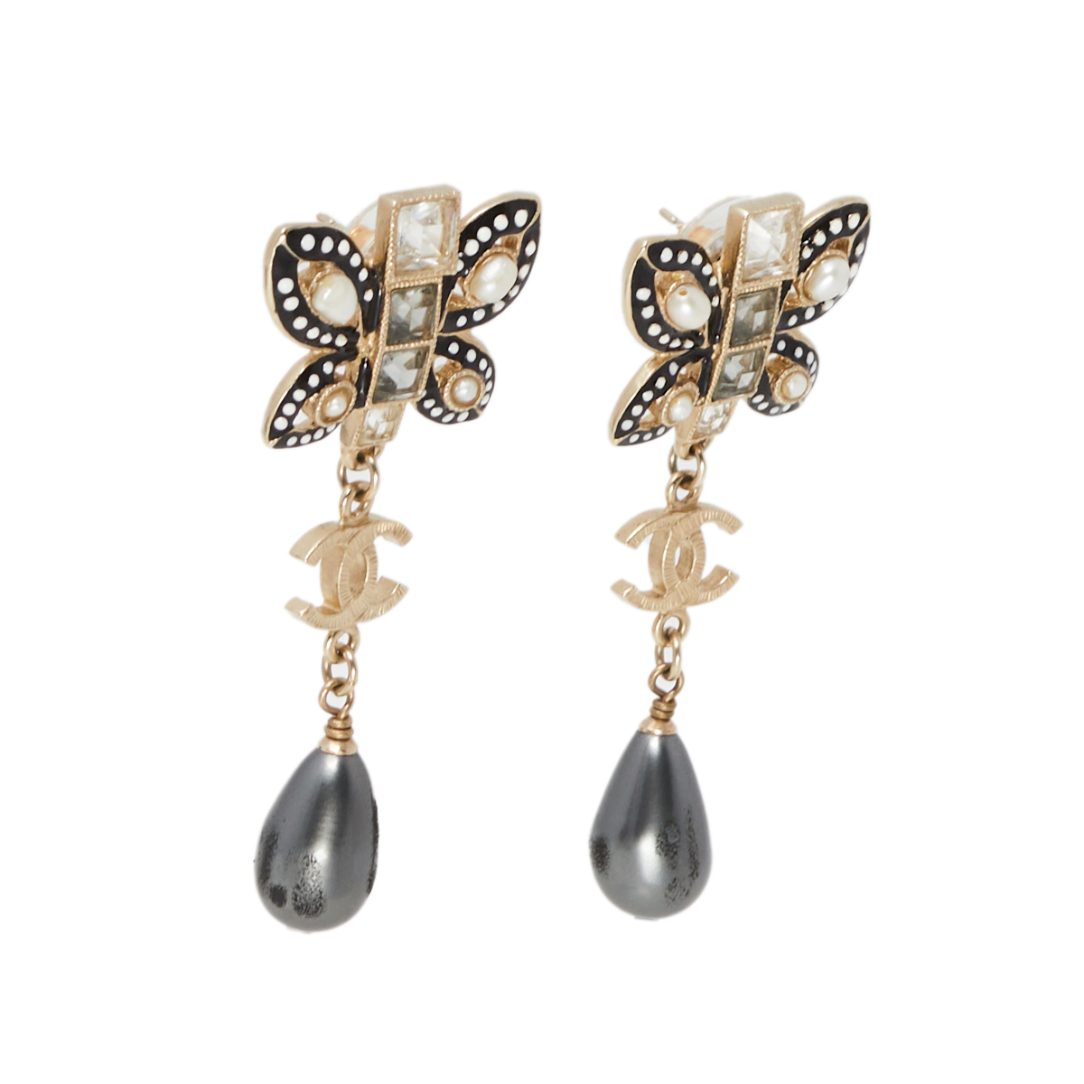 

Chanel Crystal Faux Pearl Butterfly Gold Tone Drop Earrings, Grey