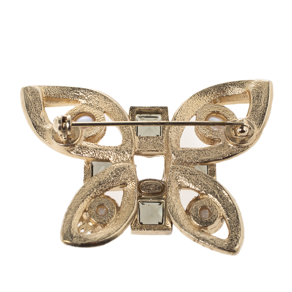 

Chanel Crystal Faux Pearl Butterfly Gold Tone Pin Brooch, Black