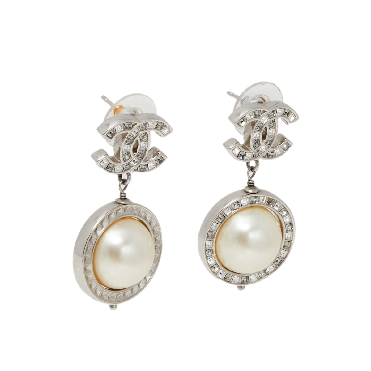 

Chanel CC Baguette Crystal Faux Pearl Silver Tone Drop Earrings