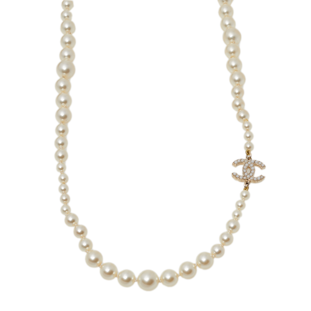 

Chanel CC Faux Pearl Gold Tone Bead Necklace, White