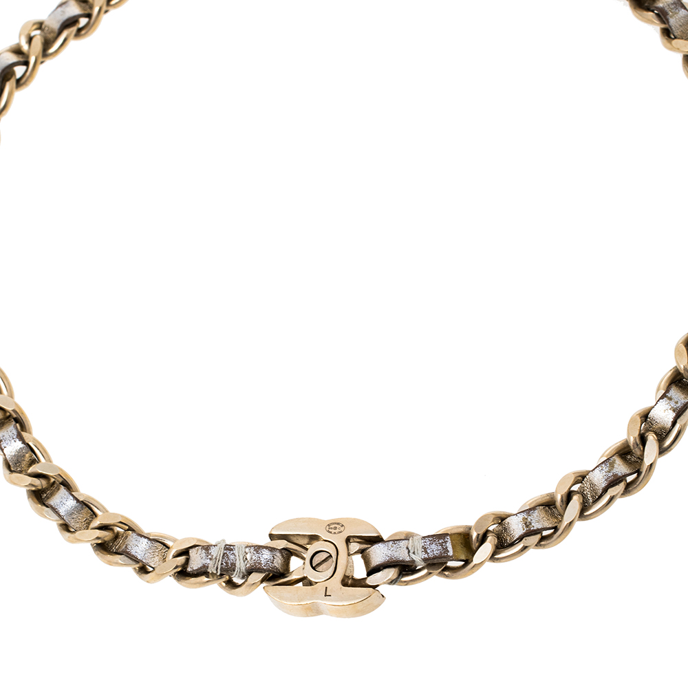 

Chanel Gold Tone Chain Metallic Leather Woven CC Turnlock Choker Necklace