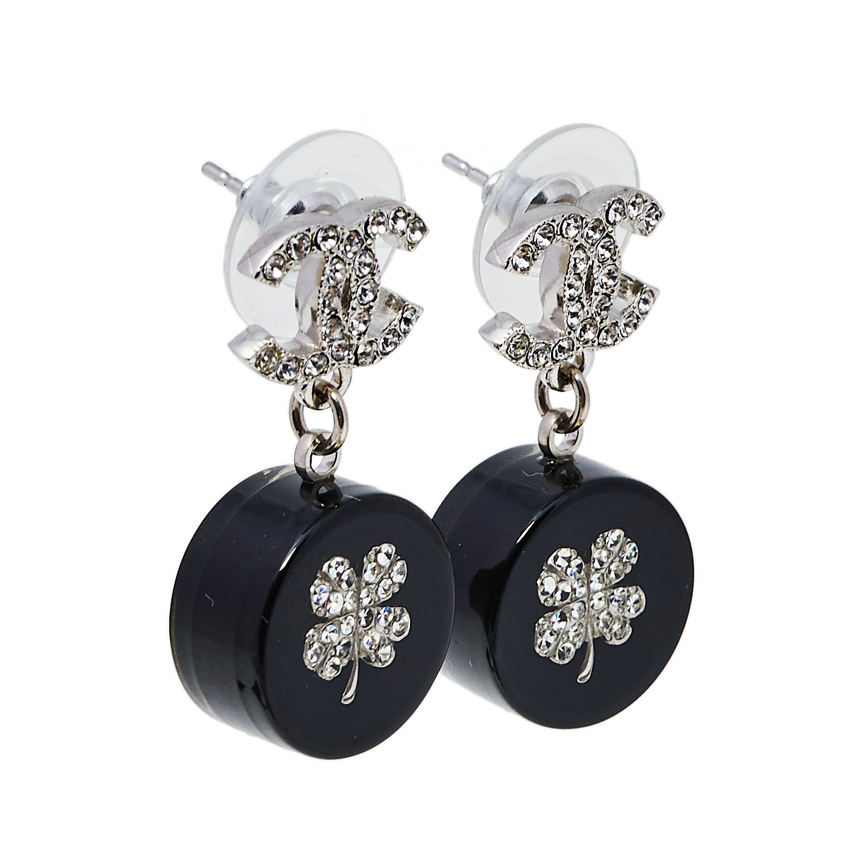 

Chanel Silver Tone Crystal Clover Drop Earrings, Black