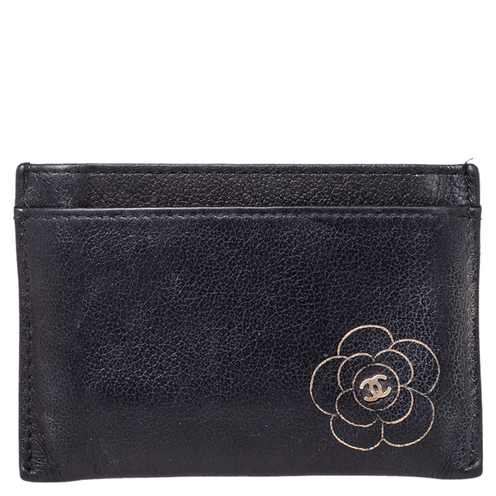 Chanel Black Leather CC Camellia Embossed Card Holder