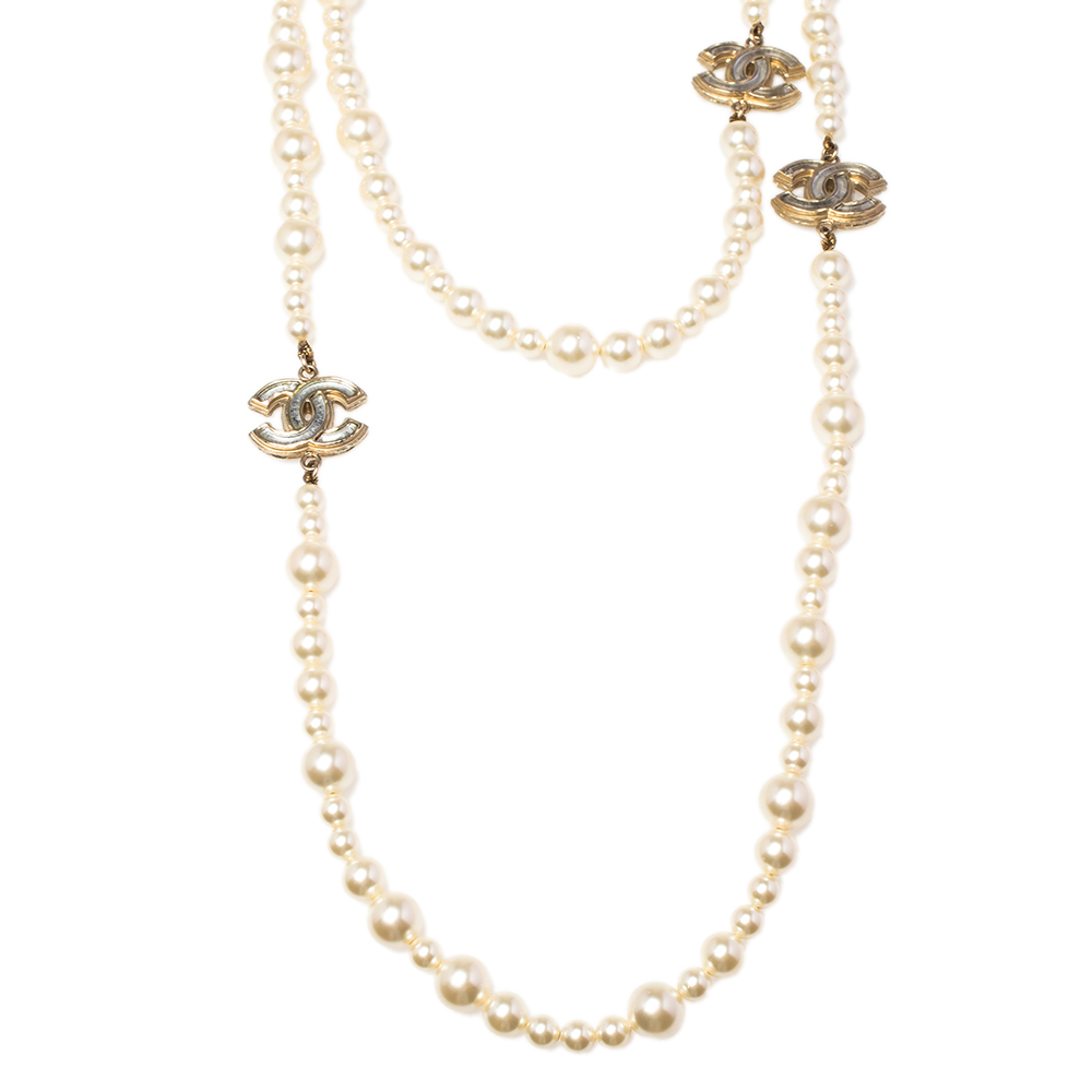 

Chanel CC Faux Pearl Gold Tone Long Necklace, White