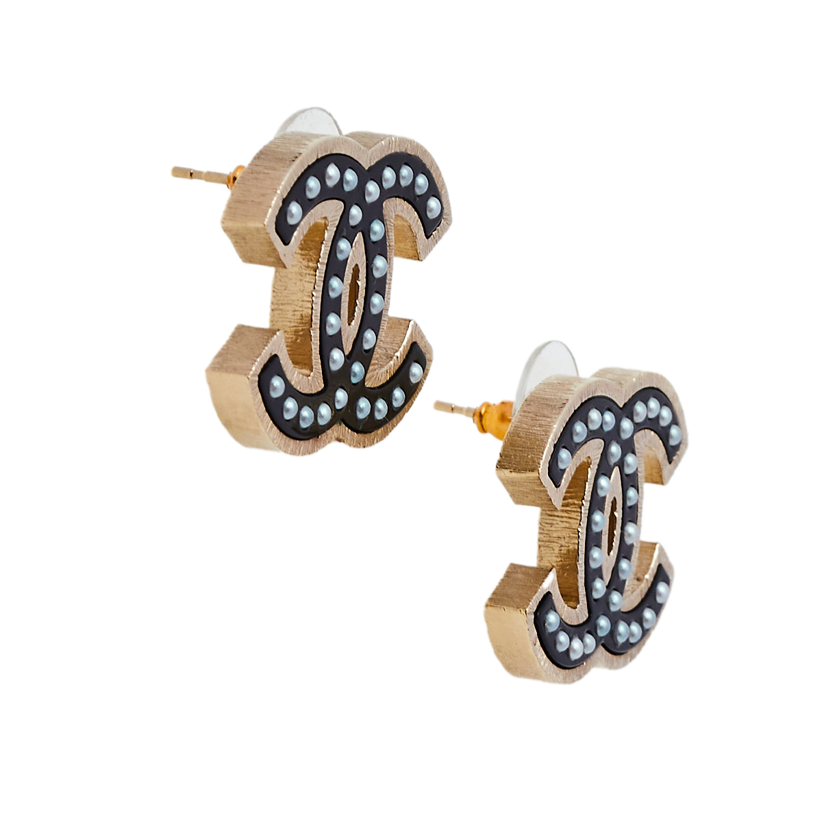 

Chanel Gold Tone Faux Pearl Black Resin CC Stud Earrings