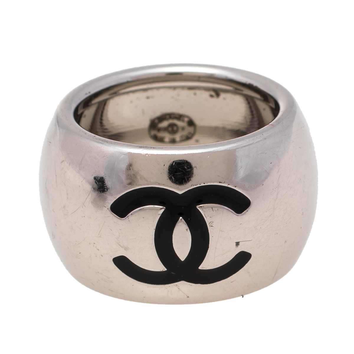 

Chanel Black Resin Silver Tone Heart CC Logo Ring Size