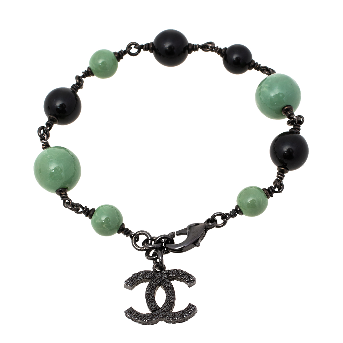 

Chanel Green & Black Beaded Black Tone CC Charm Bracelet