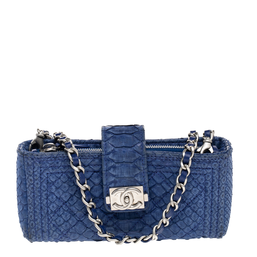 Pre Owned Chanel Blue Python Leather Boy Phone Pouch