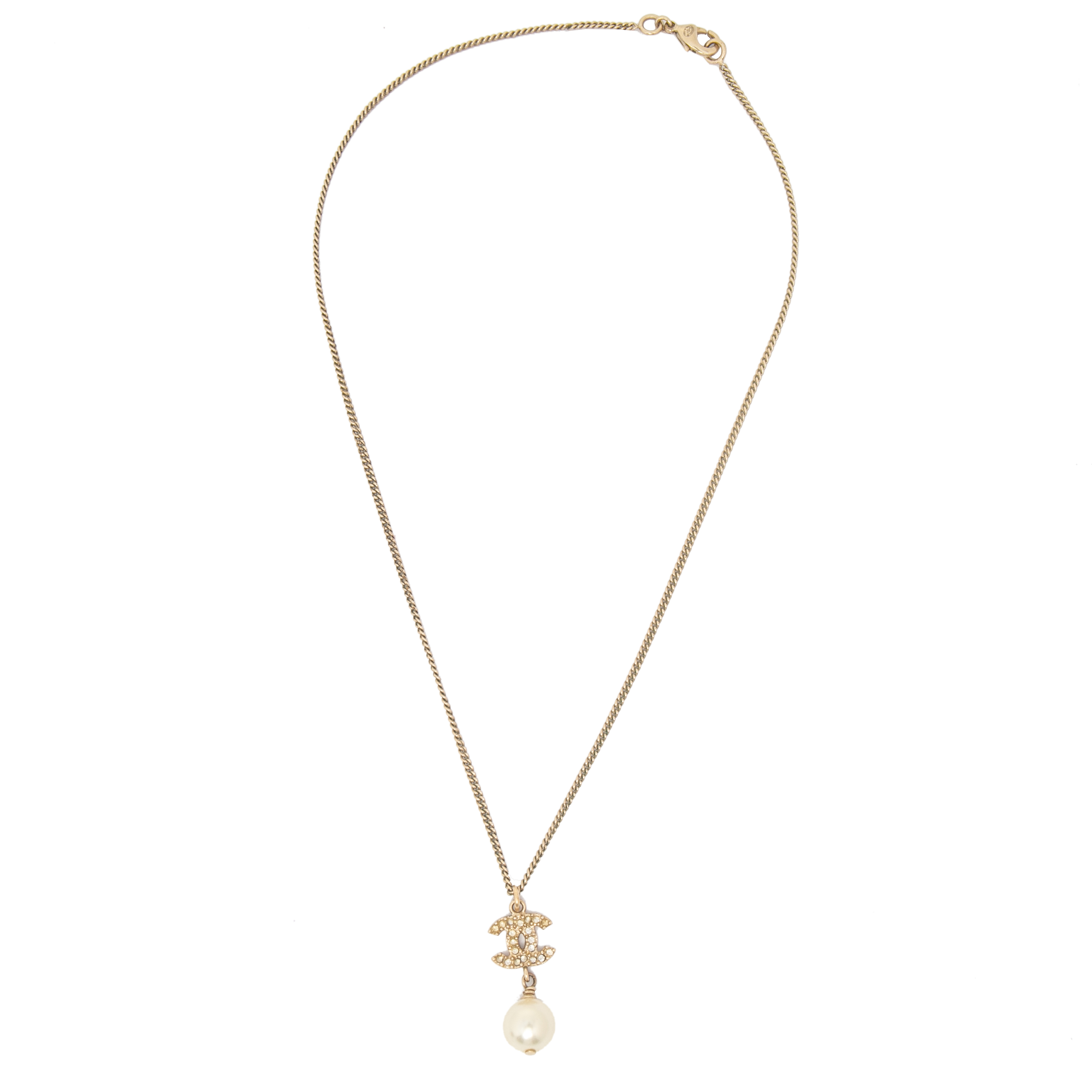

Chanel Gold Tone CC Crystal Faux Pearl Pendant Necklace