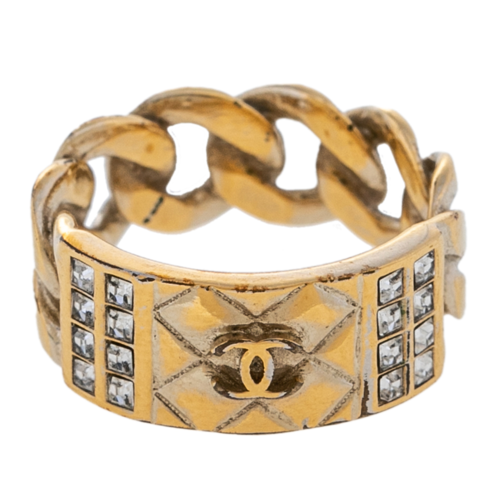 

Chanel Gold Tone CC Crystal Textured Chain Link Band Ring Size EU 53