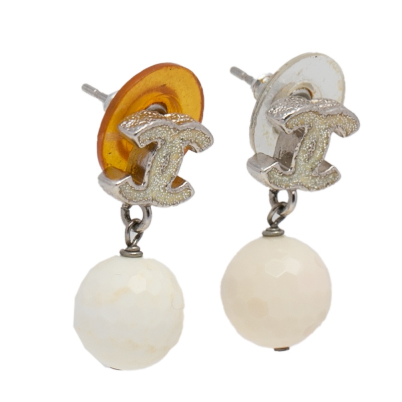 

Chanel Silver Tone Glitter Enamel CC Bead Drop Earrings, White