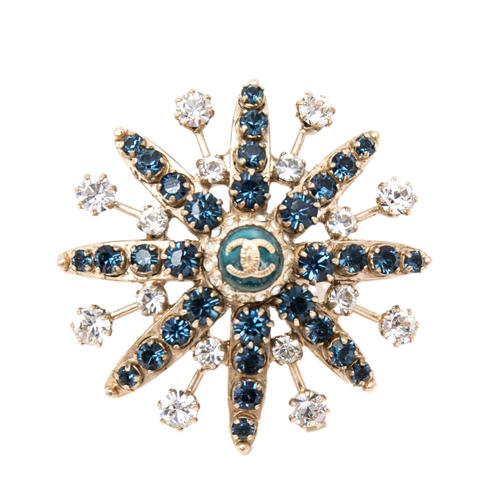 

Chanel Pale Gold Tone Crystal Embellished CC Starburst Ring Size EU 53