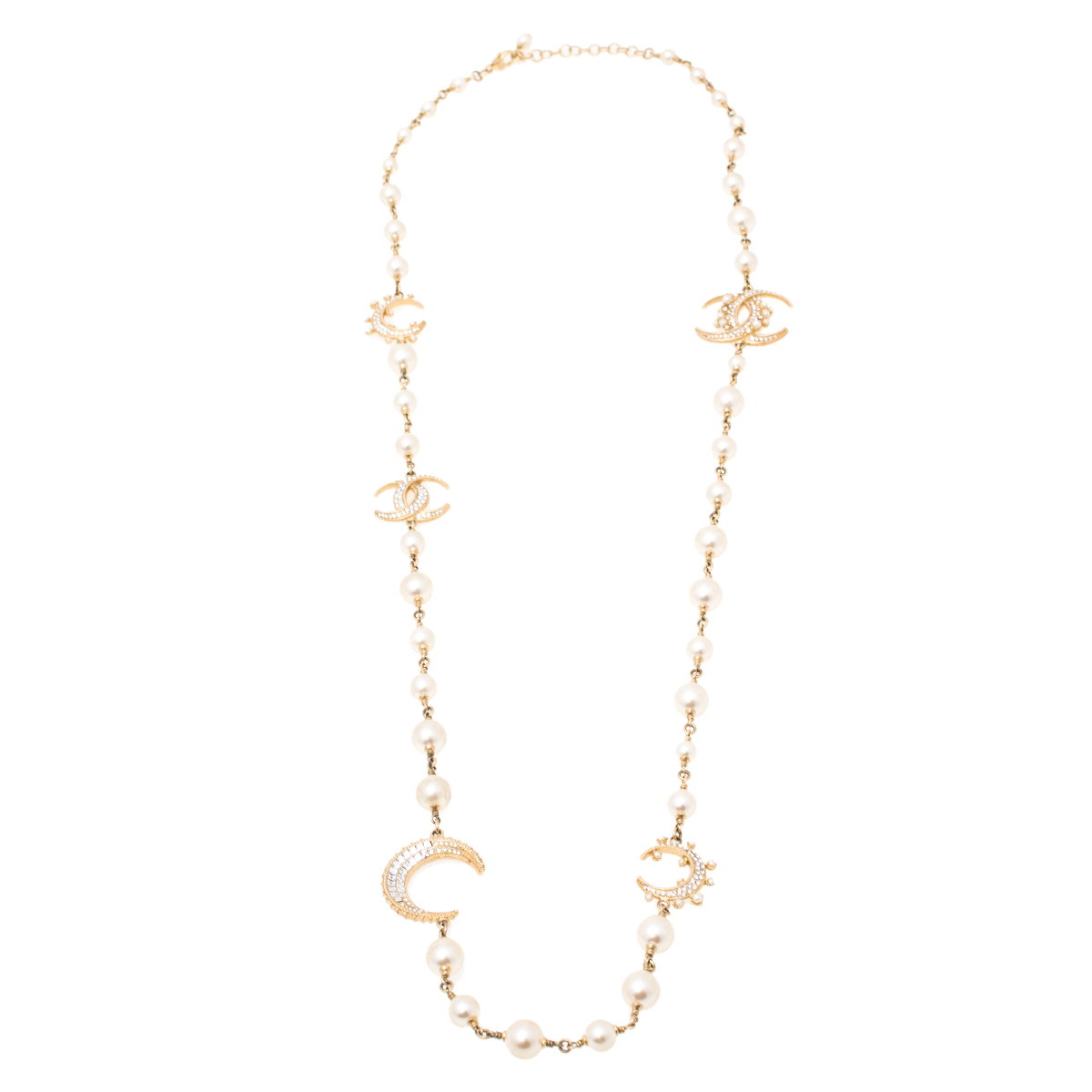 

Chanel CC Crystal Faux Pearl Gold Tone Station Necklace