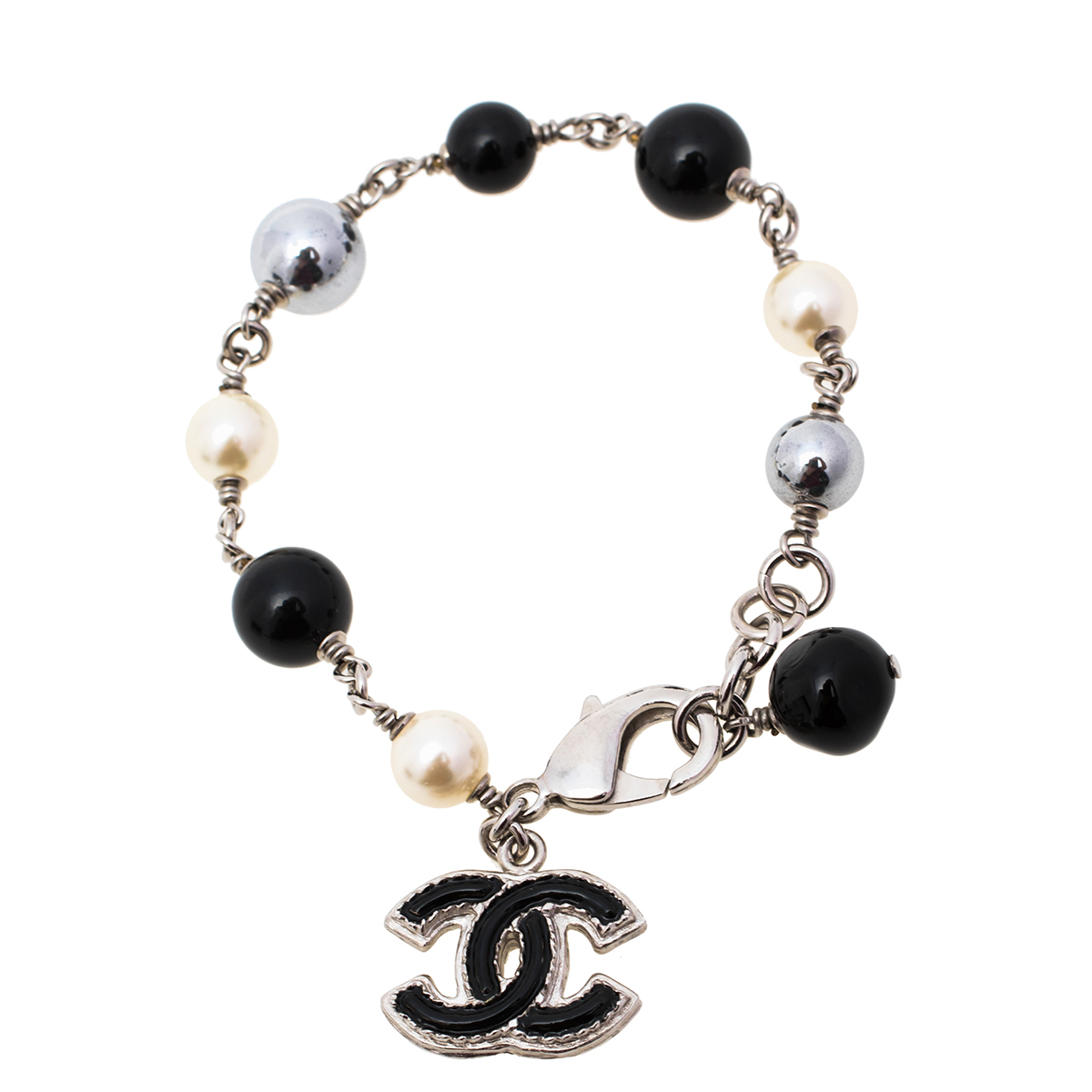 

Chanel Faux Pearl Silver Tone Beaded CC Charm Bracelet, Black