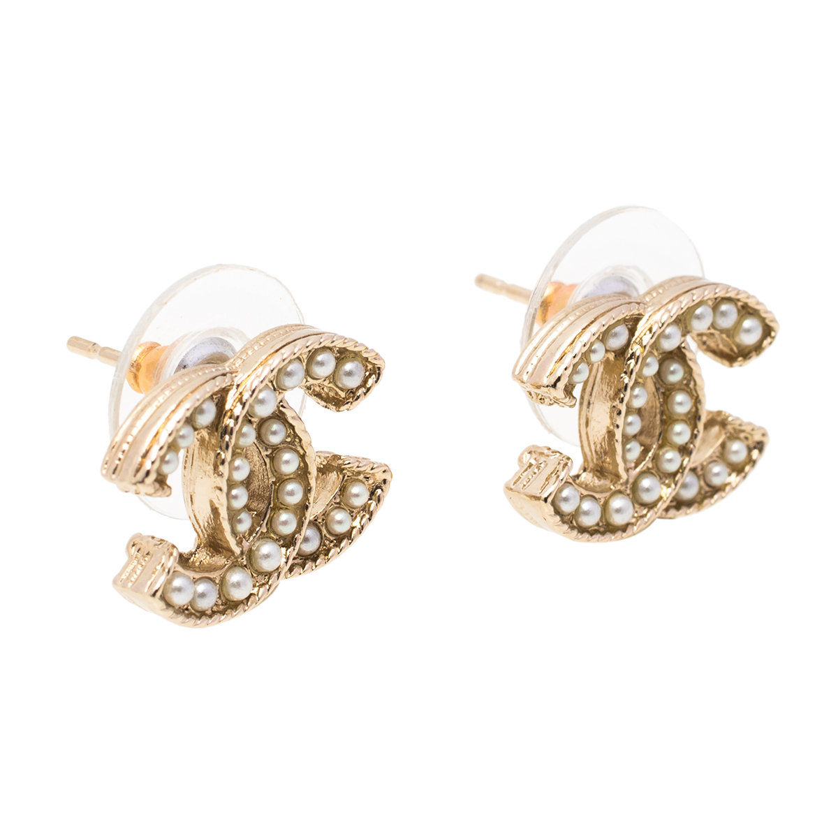 

Chanel CC Faux Pearl Gold Tone Stud Earrings